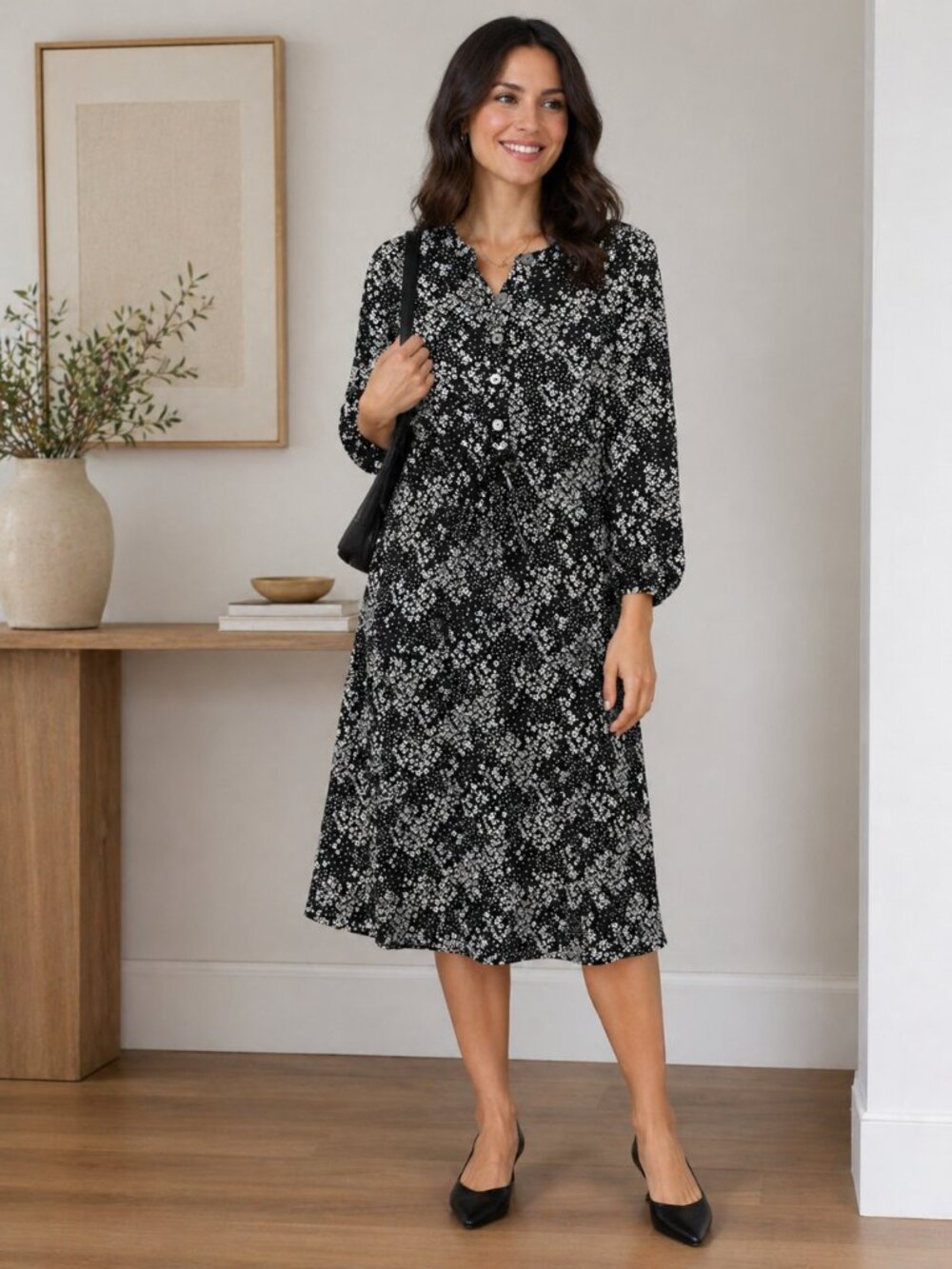 GAP Black & White Floral Button-Front Long Sleeve Midi Dress, Large Tall